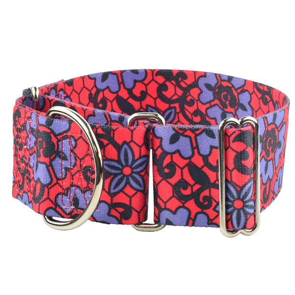 Red Lace Flowers 2 Wide Martingale Dog Collar